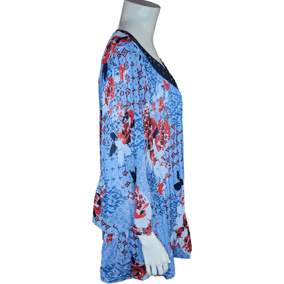 Woman Within‎ Blue Red floral CRINKLE peasant top 18/20 1X Beaded Neckline - Picture 5 of 12